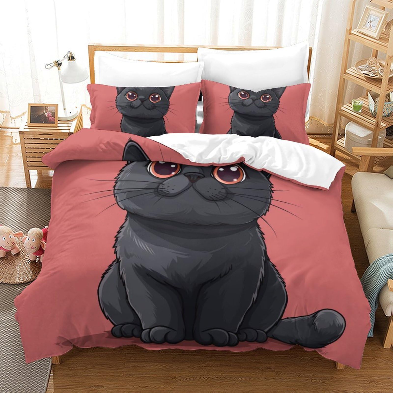 Housse de couette chaton 3D zippée anti-plis pour lit ado 200x200 cm