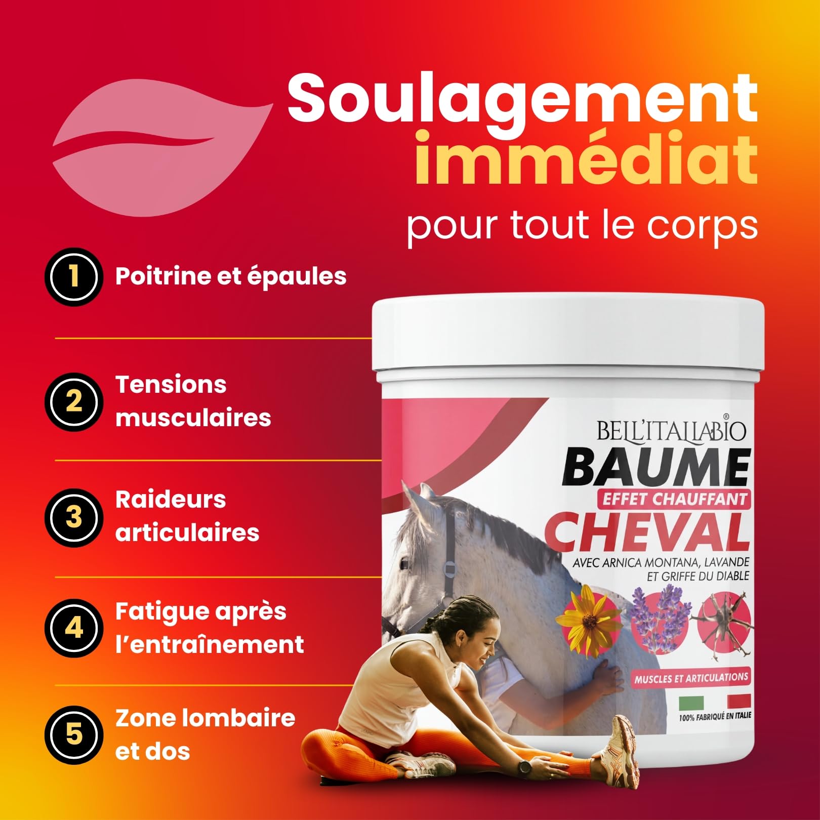Bell’Italiabio Baume Du Cheval Effet Chauffant 600ml Creme Chauffante Musculaire Sport, Gel Chauffant Musculaire Avec Arnica, Lavande Et Griffe Du Diable Pferdebalsam 100% Made In Italy