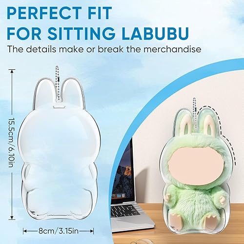 Miniatura 9 de Funda protectora para figura sentada Labubu – Caja de almacenamiento portátil de PVC transparente con llavero, resistente al polvo y a los arañazos