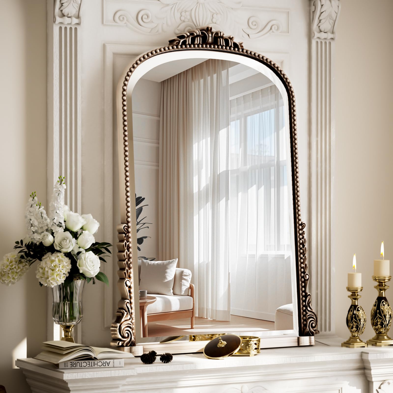 40x28 Beaded Arched Mirror, Bathroom Mirror for Over Sink, Metal Frame Wall Decor for Entryway, Bedroom, Living Room, Silver