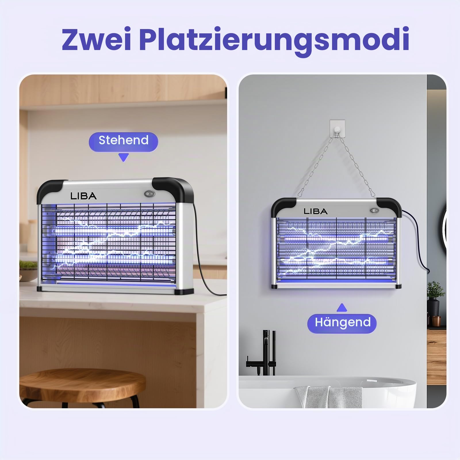 LiBa Elektrischer Insektenvernichter, Insekten und Fliegenvernichter, 20W Insektenfänger für Mücken, Fliegen und Motten, Fliegenvernichter Abwehr mit 2 Ersatzbirnen und abwaschbarer Ablage
