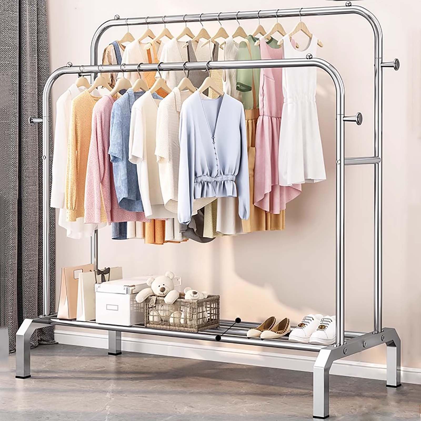 Portant à vêtements robuste en acier avec roulettes et étagères de rangement de 130 cm