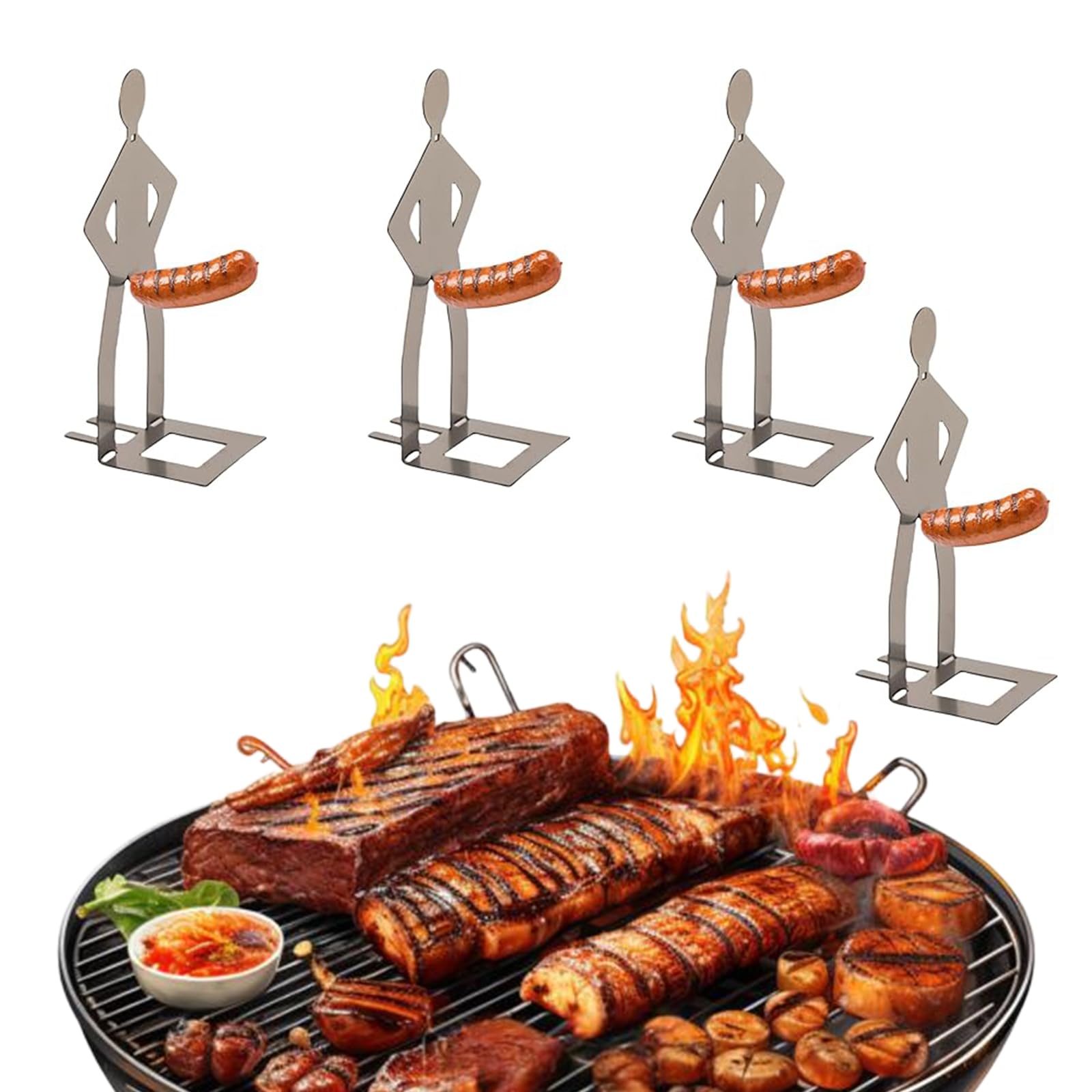Begot 4 PCS Funny Hot Dog Sausage Stand Holder Stainless Steel Reusable Hot Dog Roaster Creative Standing Man Sausage Barbecue Rack Fit for Sausages, Corn, Green Peppers