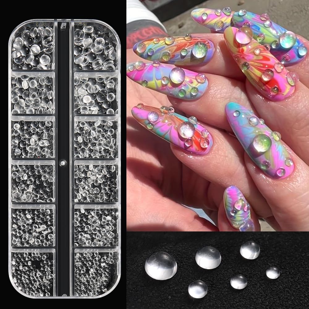 3D Mixed Sizes Clear Bubble Beads Nail Charms Jewelry, Transparent Semi-Circular Dewdrop Water Droplets Glass Bubble Balls Flatback Rhinestones Crystal Gems for Nails Supplies DIY Crafts Decorations