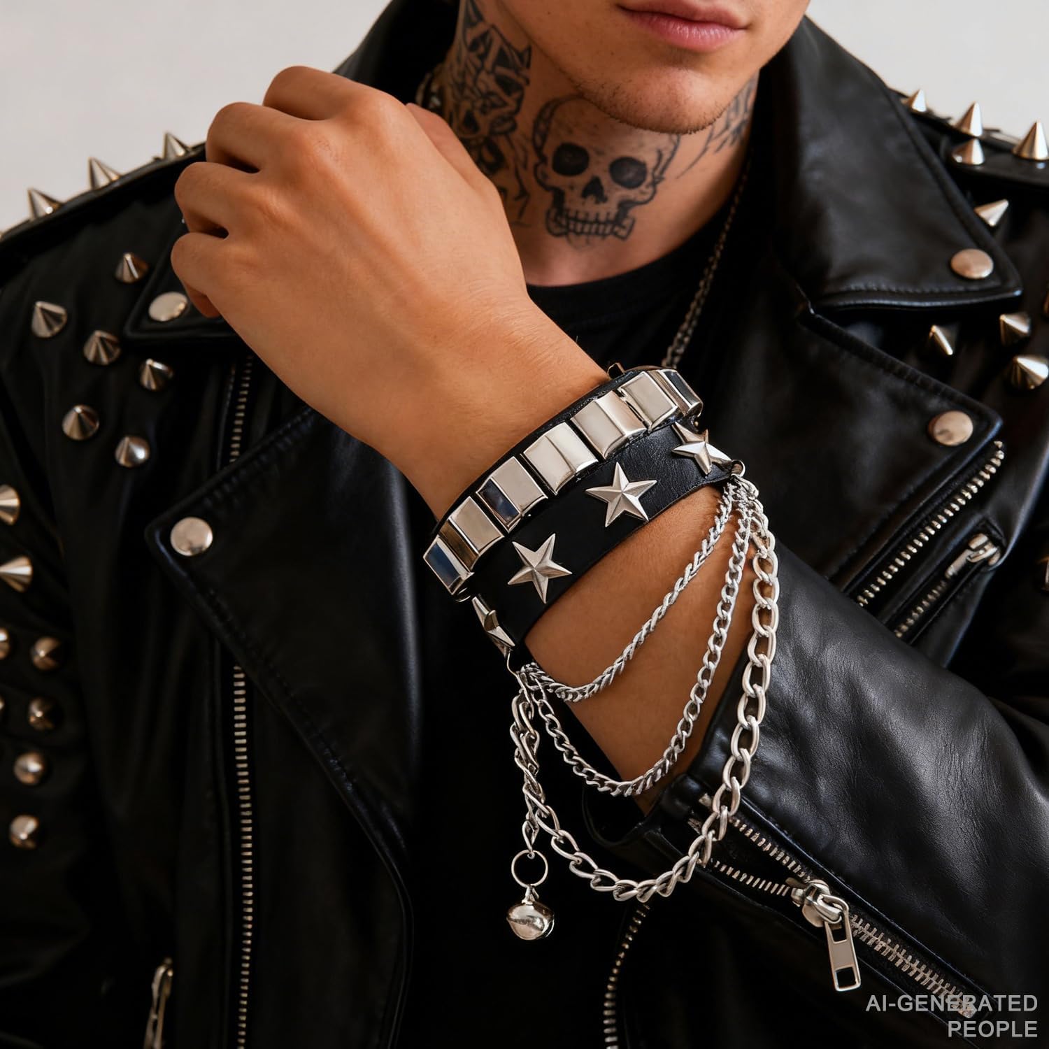Punk Studded Bracelet for Women Men, Y2K Goth Adjustable PU Leather Rock Bangle with Stars and Layered Chains, Emo Gothic Jewelry