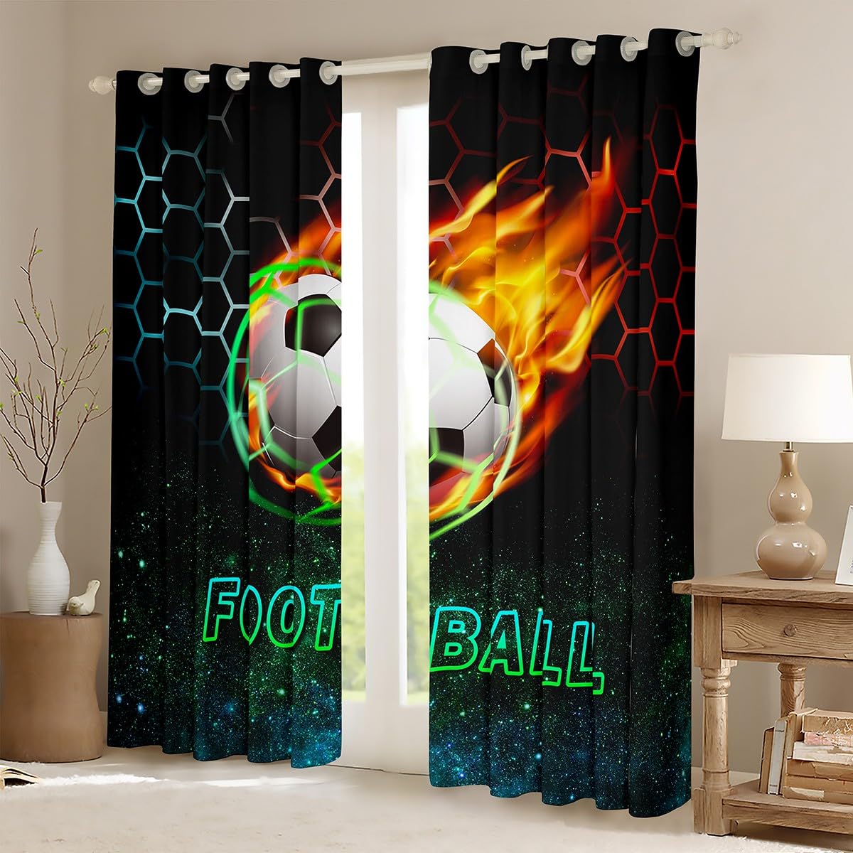 Manfei Football Window Curtains Blue Red Honeycomb Window Treatments, Soccer Sports Theme Window Drapes for Kids Boys Adults Room Decor Grommet Top 2 Panel Set Bedroom Curtains, 42Wx84L inch