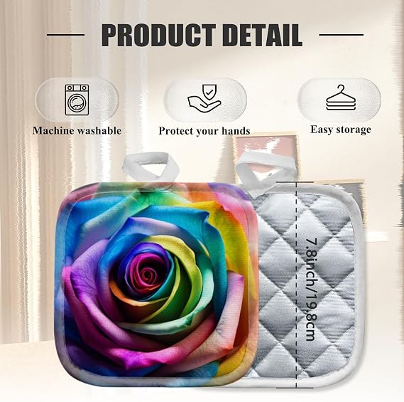 4 Pack Pot Holders,Kitchen Essential, Potholder Set,Rich - Colored Rainbow Rose