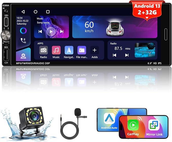 Android 13 Single DIN car Stereo 6.9 Inch HD capacitive Touchscreen Built-in GPS Navigation Bluetooth USB with Wireless CarPlay Android Auto Mirror Link FM/EQ USB/AUX/TF/SWC+Remote Control