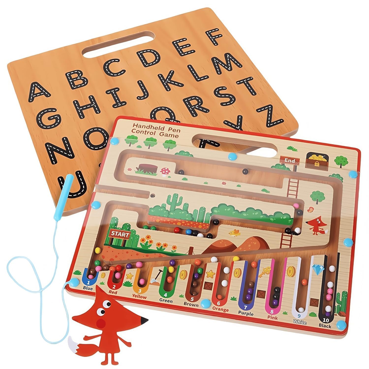 AJARVAR Wooden Magnetic Maze Board Toy – Montessori Color & Counting Puzzle Game | Learning Toy for Kids Age 3 4 5 Years | Educational STEM Board for Toddlers Boys & Girls (English Maze Board)