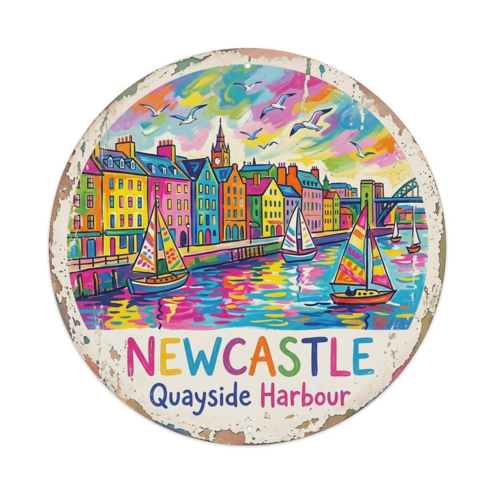 Fqcyn Style Vintage Travel Newcastle Quayside Harbour Metal Tin Sign Plaque Wall Decor For Cafe, Club Bar, Office, Home Garden Round Metal Poster 8X8inch