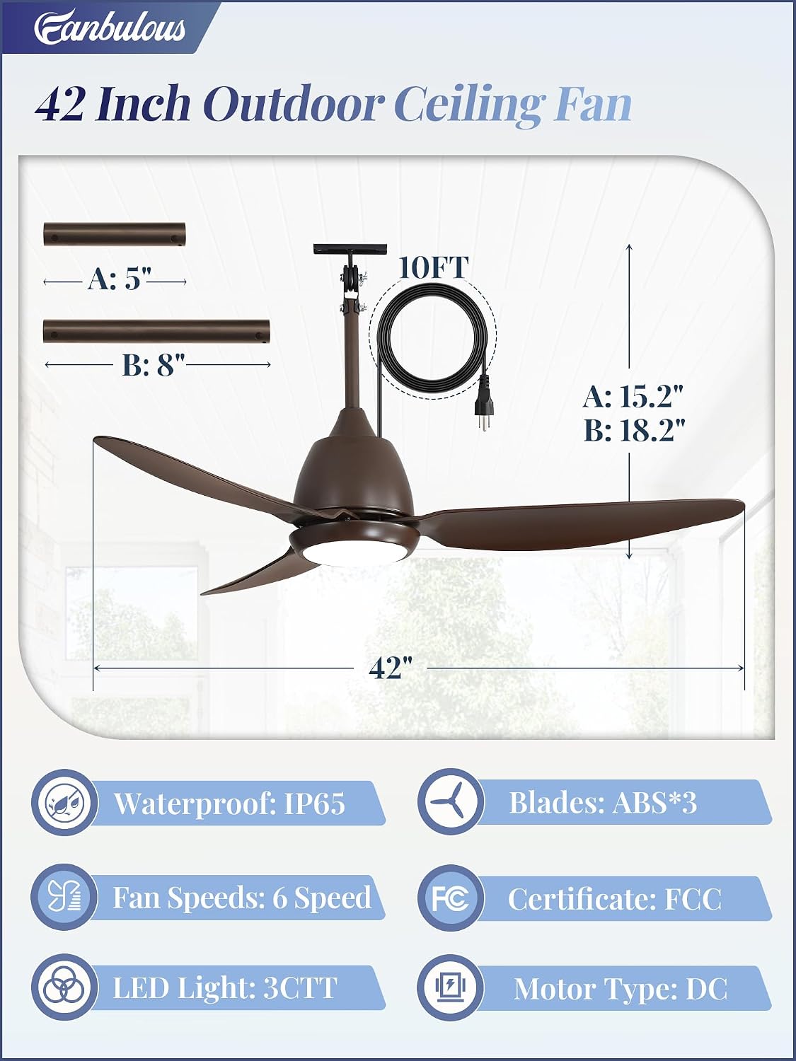 fanbulous 42" outdoor ceiling fan with light, ip65 waterproof wet rated, plug in gazebo fan with 10ft cord, smart app & remote, 6-speed reversible dc motor, 3cct dimmable led for patio porch (bronze) brown 42 inch