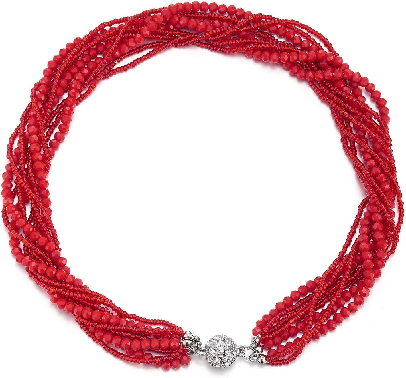 COOLSTEELANDBEYOND Multi-Layer Beads Crystal Braided Chain Choker Collar Magnetic Clasp,Statement Necklace, Bracelet