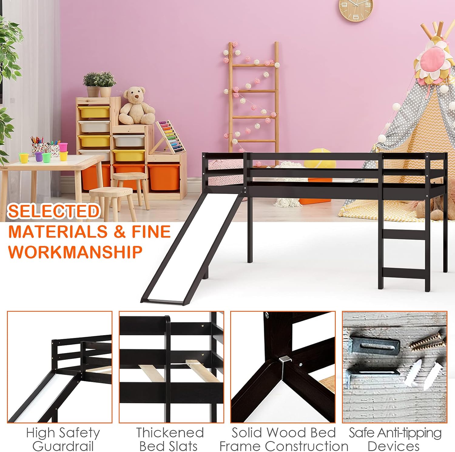 KOTEK Twin Loft Bed with Slide, Kids Low Loft Bed with Ladder & Slide, Wooden Single Bed Loft Bed w/Slats & Safety Guard Rail for Children (Espresso)