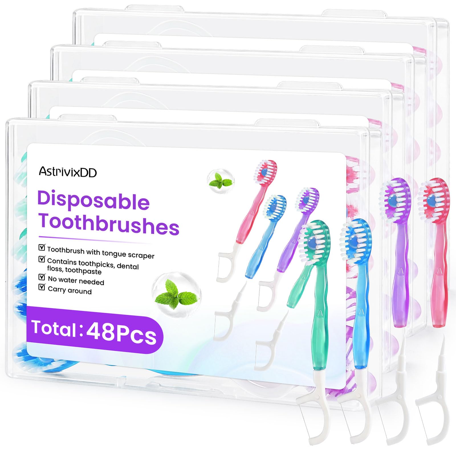 Paquete de 48 mini cepillos de dientes desechables 5 en 1, sin agua, con pasta de dientes, hilo dental, raspador de lengua, palillo de dientes, cepillos de dientes prepegados para viajes y