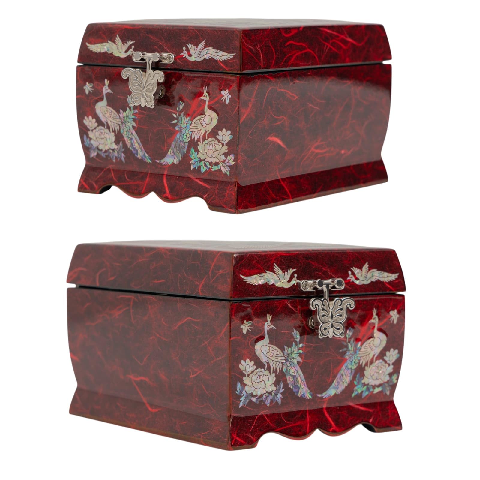 February Mountain Joyero musical de madreperla con espejo y soporte para anillos, caja de música, organizador de joyas tocando melodía Arirang, caja de joyería de pavo real, regalo para mujeres