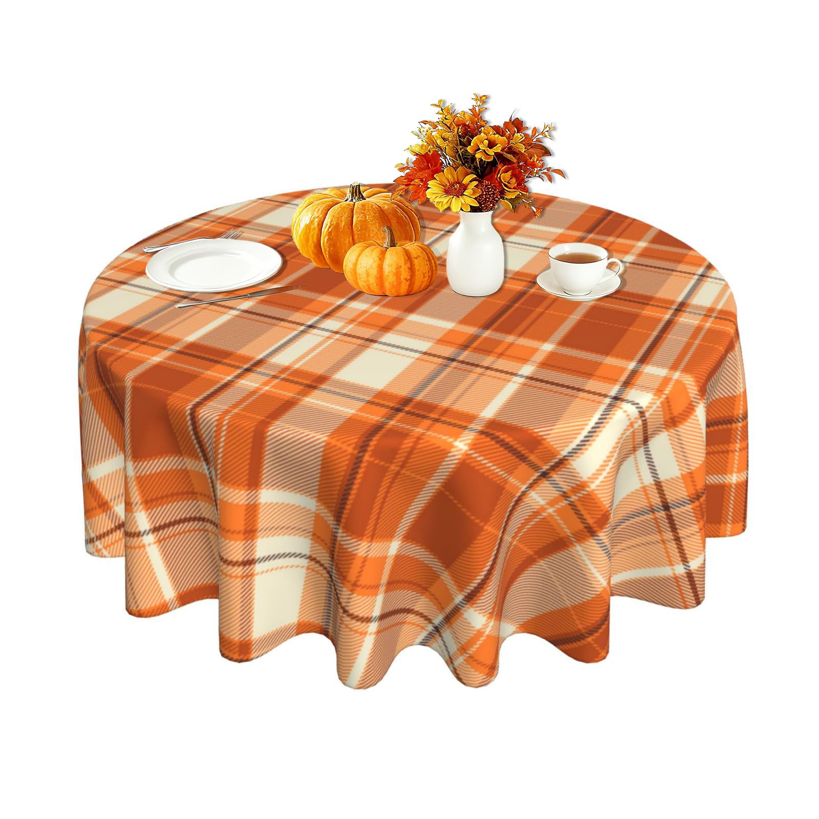 BYONEESS Fall Orange Tablecloths 60 Inch Round Autumn Thanksgiving Buffalo Check Plaid Table Cloth Rustic Farmhouse Circle Table Cover for Holiday Kitchen Dining Room Party Picnic Outdoor Decor — image 1