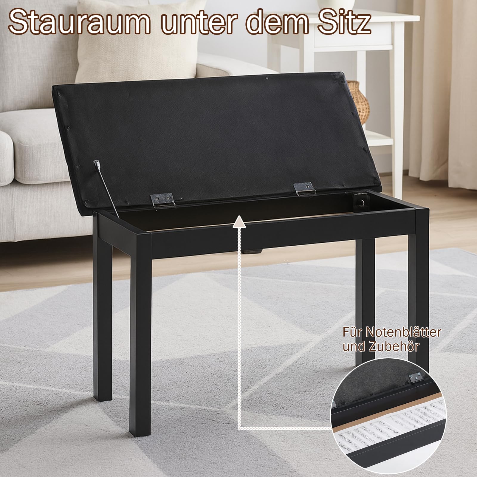 LEADZM Pianobank, Klavierhocker mit PU-Lederkissen und Eisenbeinen, Integrierter Stauraum, Maximale Tragkraft: 200 kg, 70x30x43, Schwarz