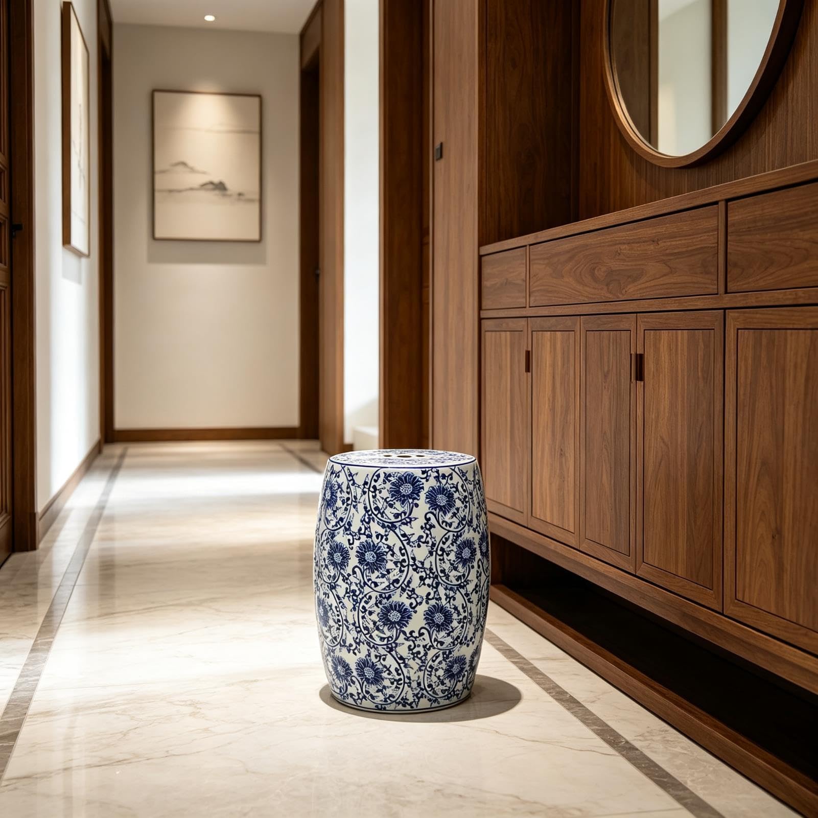 Ceramiczny Stołek Ogrodowy - Dekoracyjny Stołek Chinoiserie Na Boczny Stolik Na Zewnątrz - Do Wewnętrznego Ogrodu I Patio - Stołek Akcentujący Wystrój Domu Do Ekspozycji Stojaków Na Rośliny