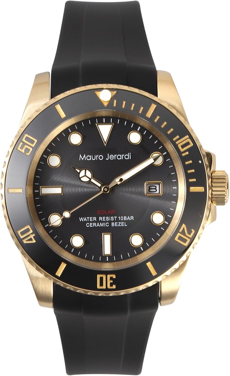 Maurogeraldi (MJ071-5) Men's Solar Watch, Waterproof to 10 ATM, Stainless Steel, Ceramic Bezel, Silicone Strap, Luminescent
