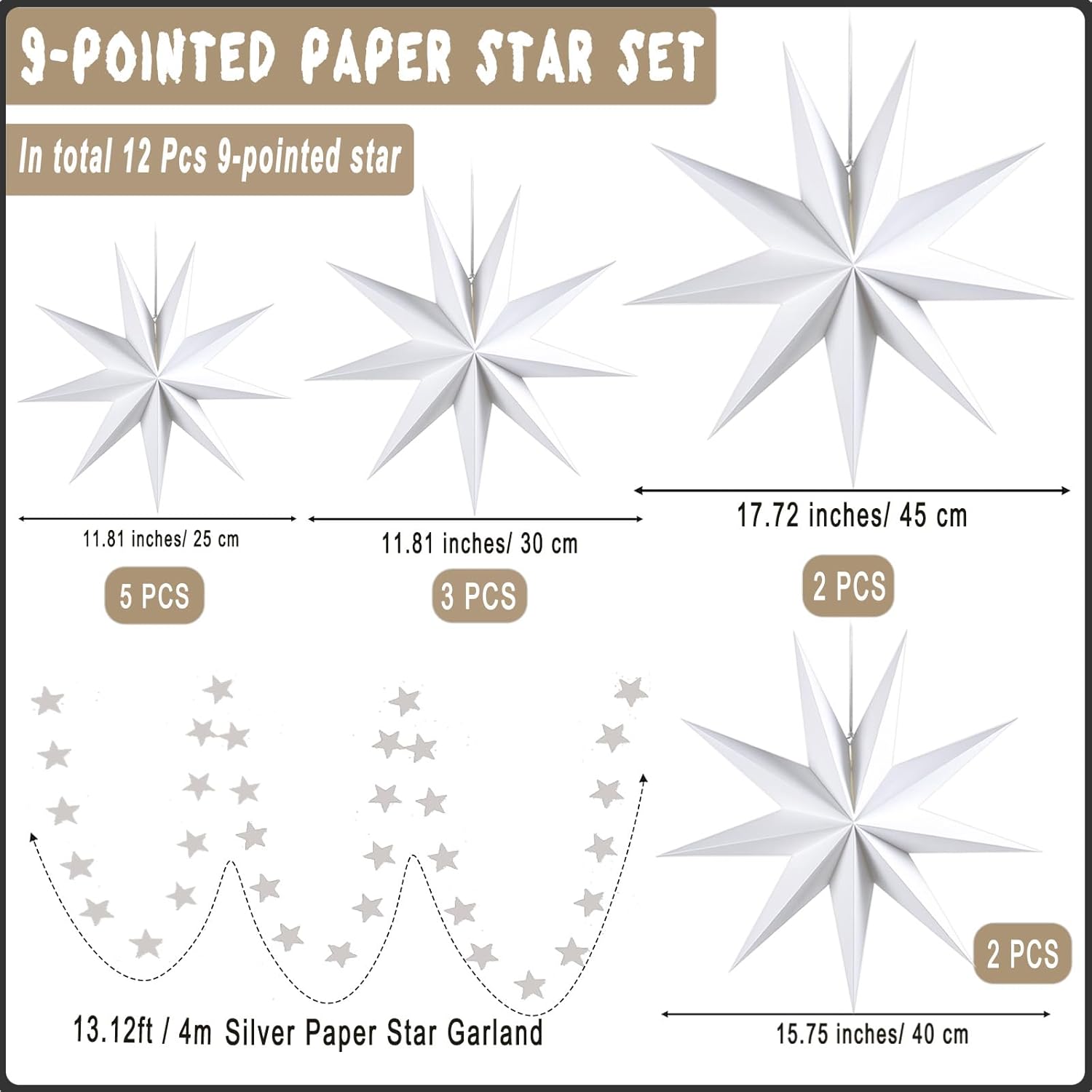 12 Pack 9-Pointed Large 3D Paper Star Lanterns with Star Garland Hanging Lanterns Lampshade for Themed Party, Home Wedding, Birthday Decorations (White)