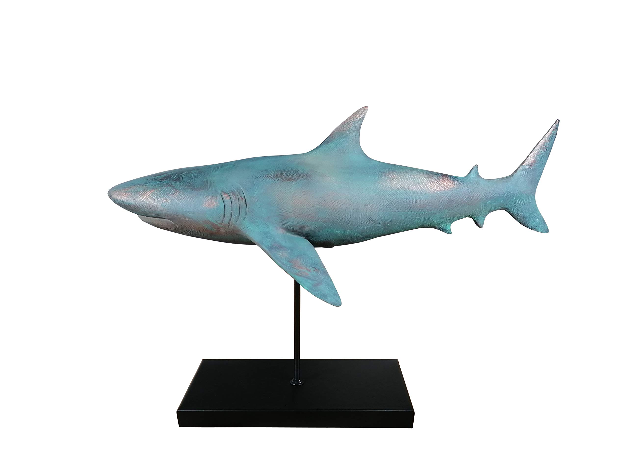 MichaelNoll Hai Haifisch Fisch Dekofigur Statue Skulptur Polyresin Modern - Maritime Deko für Wohnung in Holz-Optik Grün - Dekoration für Wohnzimmer, Schlafzimmer oder Badezimmer - XXL 59x24x38,5 cm