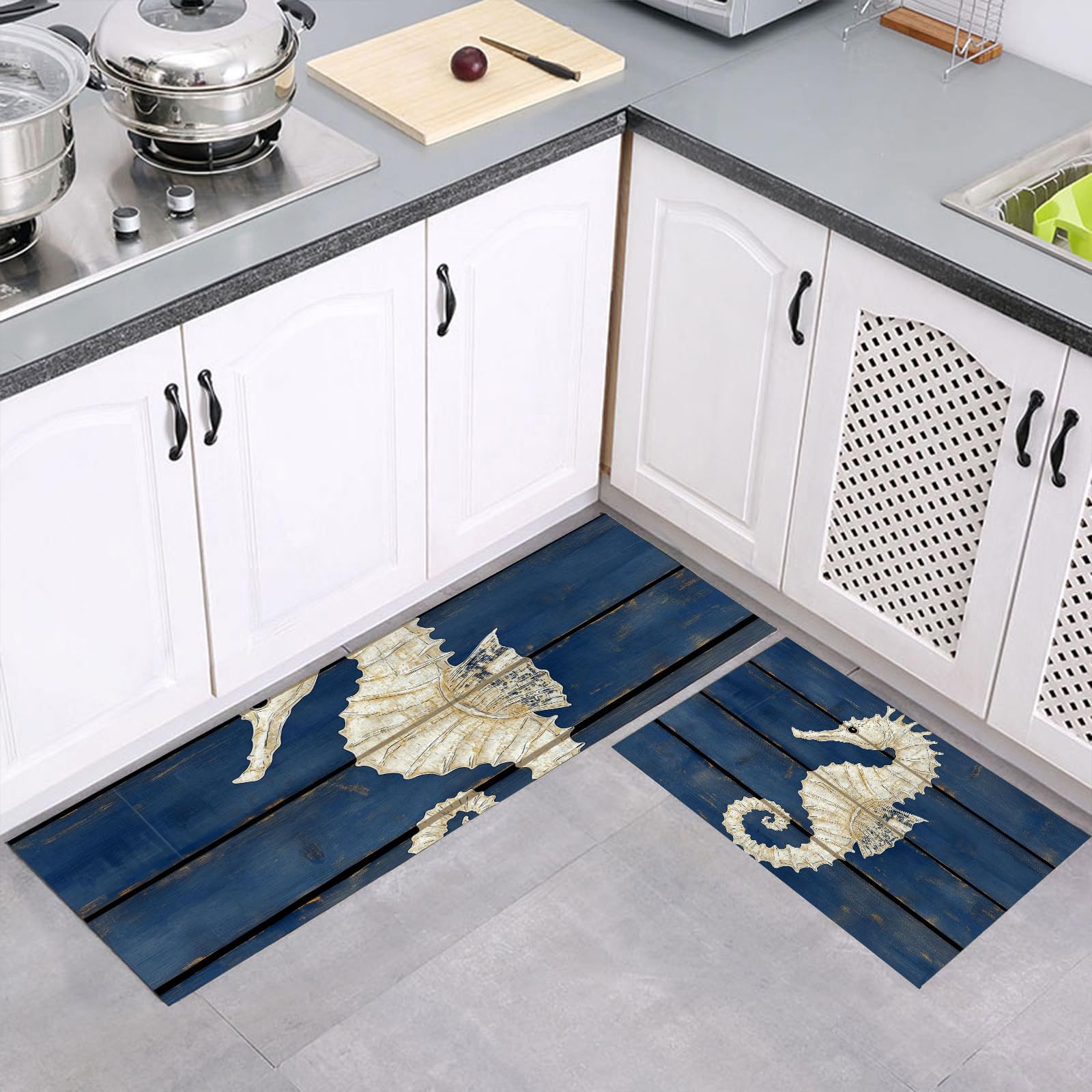 Tapis de cuisine hippocampe bleu lot de 2 anti-dérapant absorbant