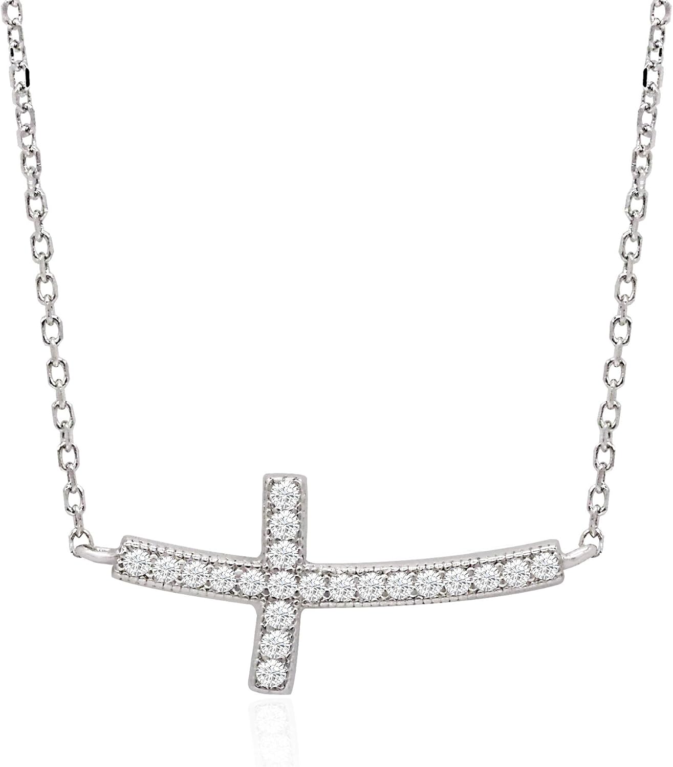 14K Gold Plated 925 Sterling Silver Cubic Zirconia Small Curved Sideways Cross Necklace for Women, 18 inch