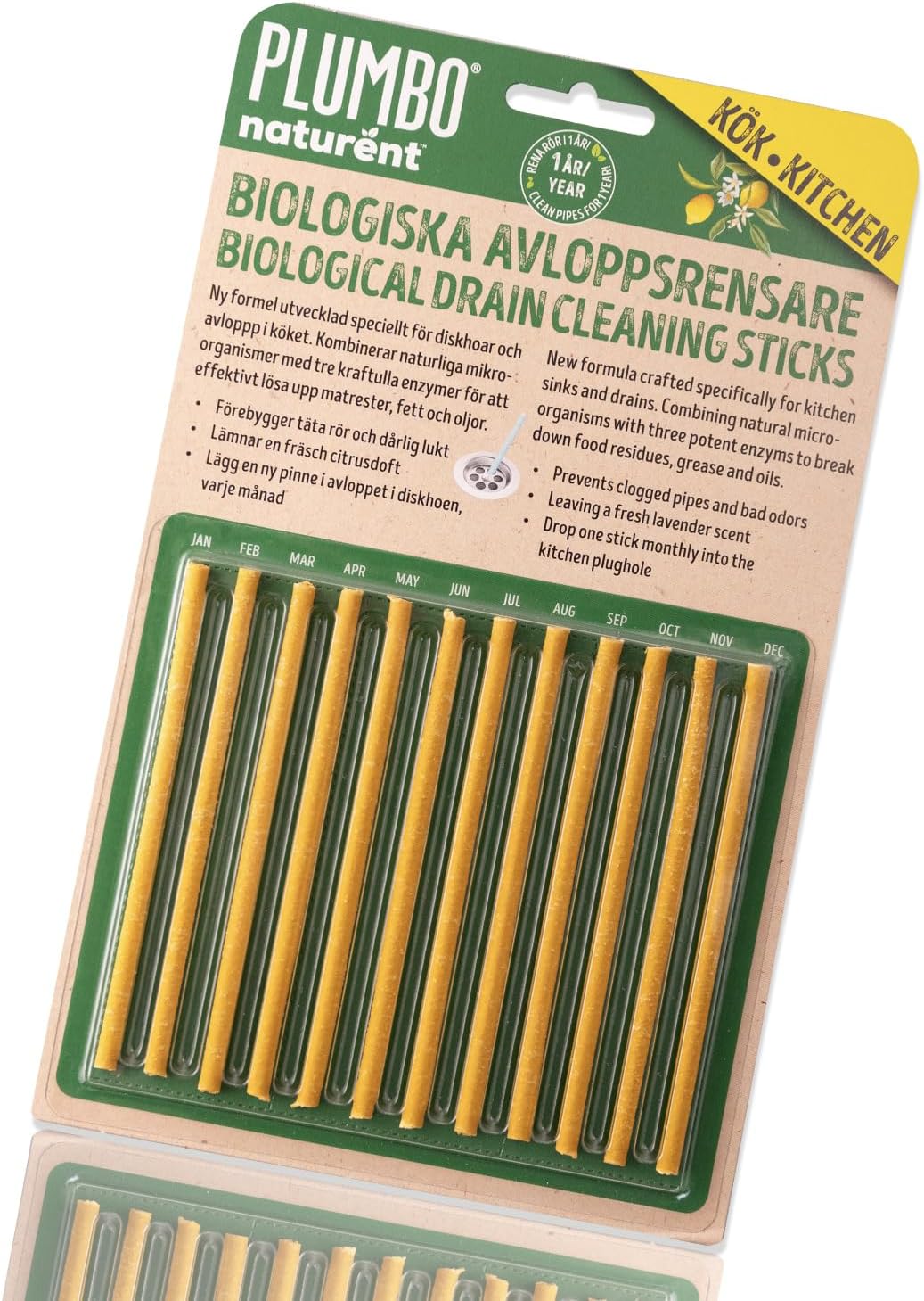 Plumbo Kitchen Biological Drain Cleaning Citrus Scent Sticks – 1-Year Supply of 12 Enzyme-Activated Cleaner & Odour Remover – Natural, Sustainable Sink Sticks