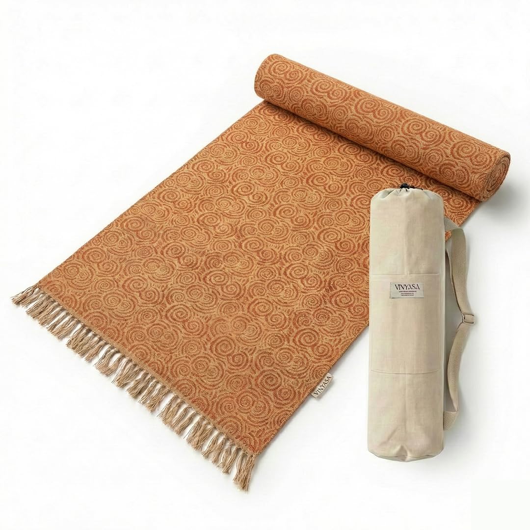 VINYASA Extra long and wide Handwoven Cotton Yoga Rug Mat, Naturally Dyed | 100% Organic Cotton Absorbent & Washable, Pilates & Exercise Rug - Non-Slip Sweat Grip | Extra Long & Wide | Vritta Series (Marigold)-image-38