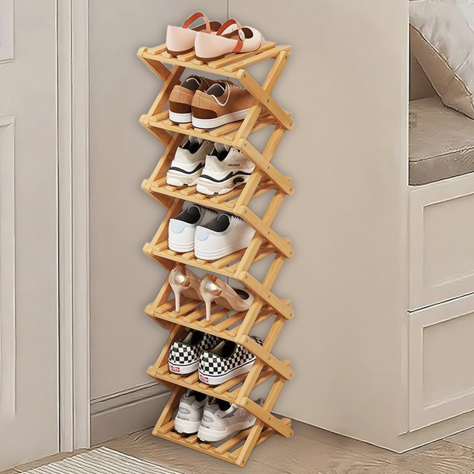 kiss me 7 Tier Bamboo Foldable Shoe Rack Small,Vertical Wooden Shoe Racks,Small Shoe Rack for Narrow Space Without Installation, Indoor for Hallway, Entryway,Corner,Bedroom (Natural-7 Tier)