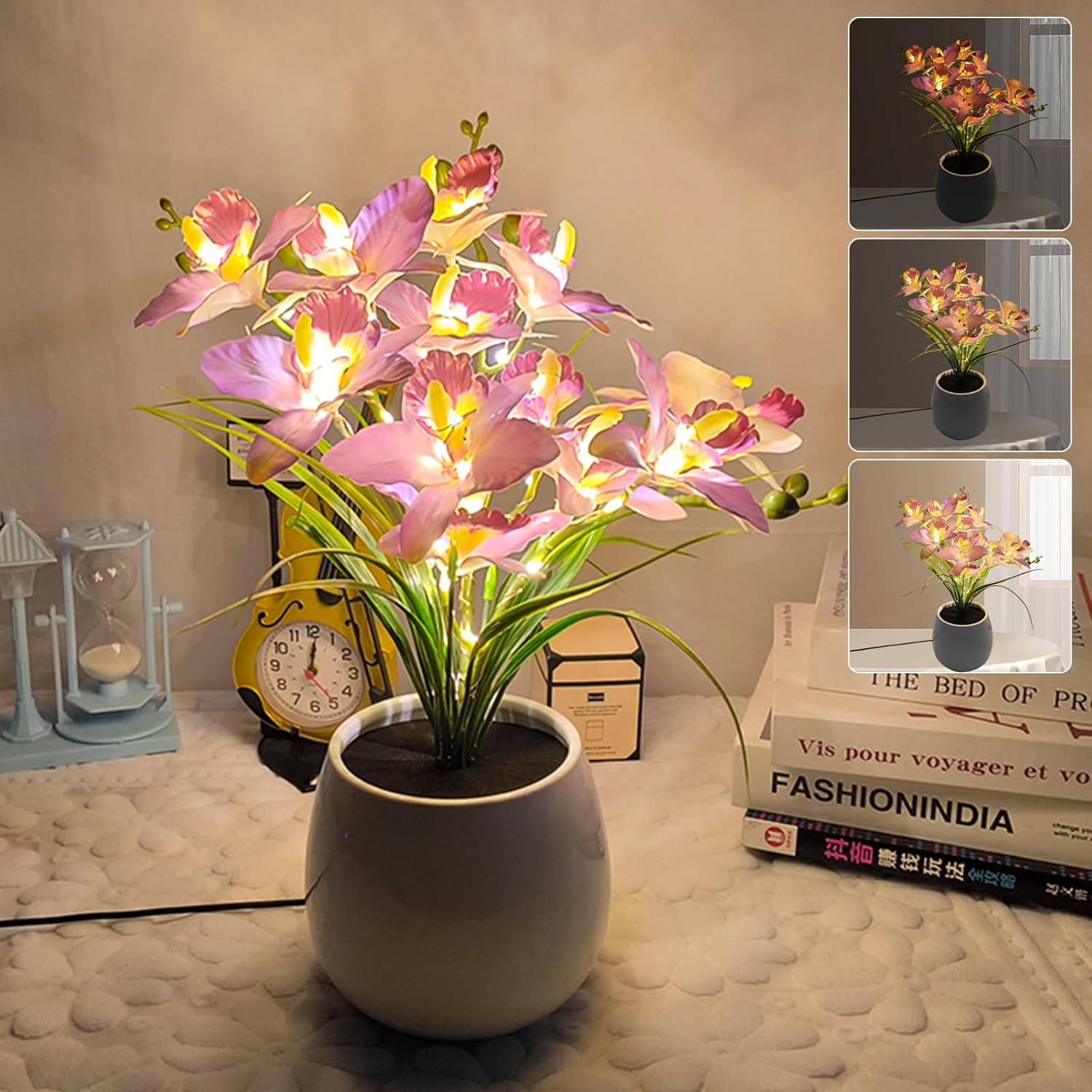 Flower Table Lamp, Artificial Flowers in Vase Night Light, Stepless Dimming LED Vase Lamps, USB Plug-in Desk Lamp Decorative Lamp Gifts for Mom Women Grandma Girls (Purple)