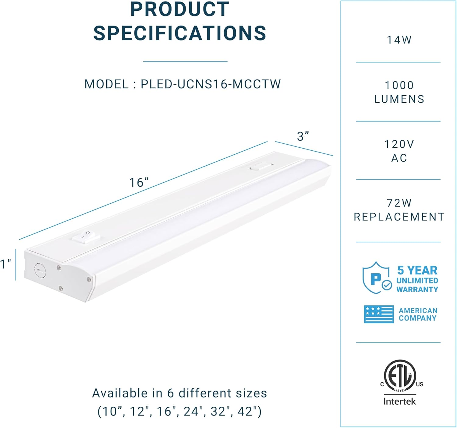 PARMIDA LED Under Cabinet Lighting, Hardwired Installation, 16 Inch, 14W, 5CCT Color Selectable - 2700K/3000K/4000K/5000K/6000K, ETL Listed, 120V, Dimmable, 1000 Lumens, White Finish