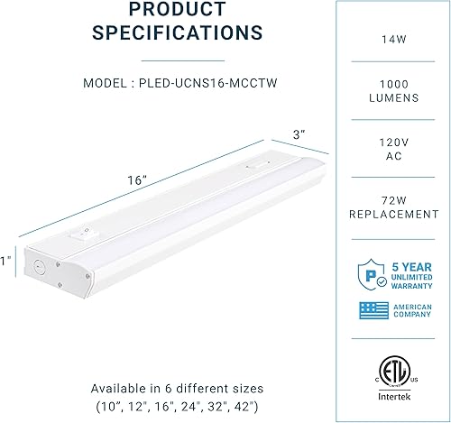 Miniatura 3 de PARMIDA - Iluminación LED para debajo del gabinete, instalación cableada, 16 pulgadas, 14 W, 5CCT seleccionable por color, 2700 K3000 K4000 K5000