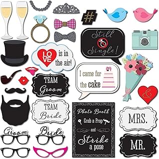 Wedding Photobooth Props Kit, Engagement Photo Booth Accessories with Wooden Dowels for Bridal Shower Wedding Favour Party Decorations Funny Selfie Props (Black)