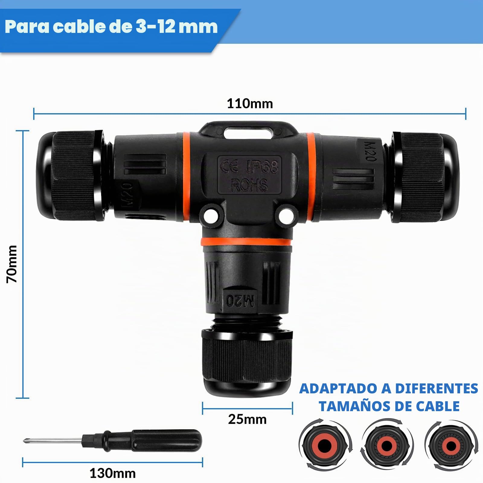 HIMOMO Conecto Impermeable IP68 en Forma de T, Empalmes Cables Electricos de 3 pines para Cables Ø3-12mm, Conector Estanco para Exterior y Jardín