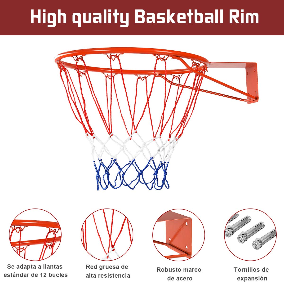 COSTWAY Ø 45 cm Canasta de Baloncesto para Pared con Red de Nylón, Marco de Acero, Juguete para Interior y Exterior (Estilo 1)