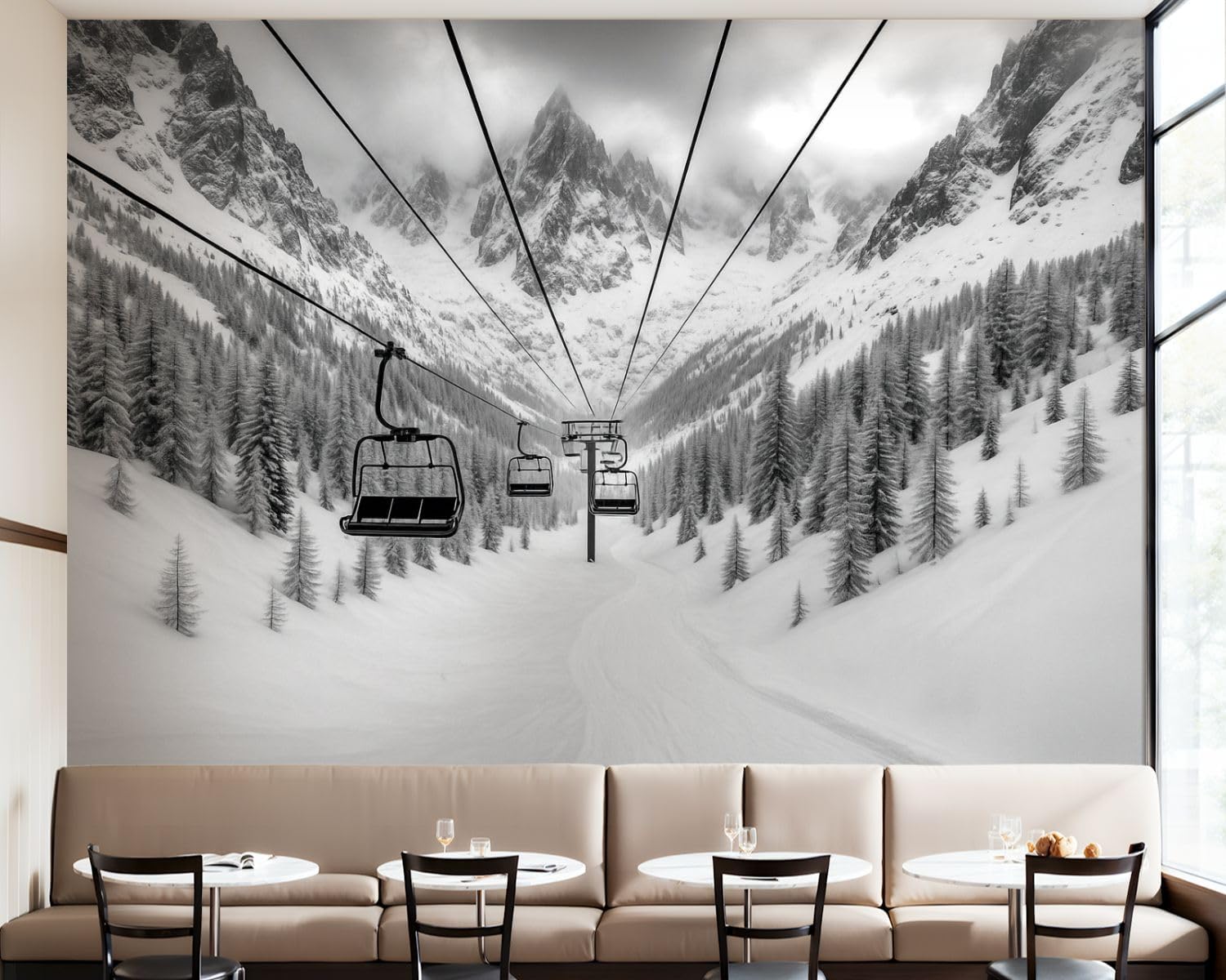 Peel and Stick Wallpaper Wall Murals Chair Lift Ski Resort Snowy Mountains Nice Sunny Day Snow Covered Pine Self Adhesive Removable Canvas Wall Stickers for Living Room Kids Bedroom 100''x144''