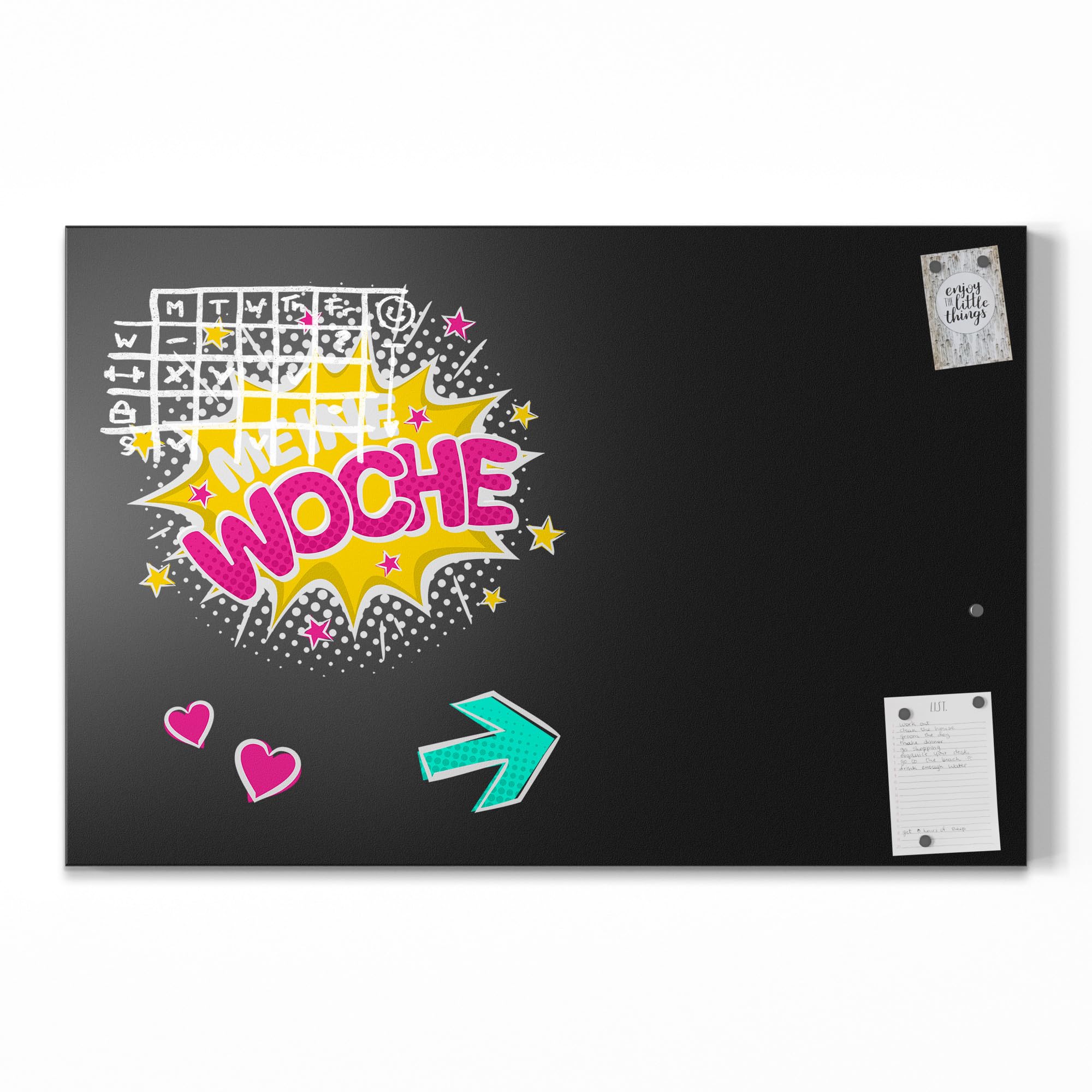 DEQORI Magnetyczna tablica do pisania kredą z nadrukiem UV, motyw "Mój tydzień w kolorze", prostokątna, 90 x 60 cm, metalowa tablica kredowa do pisania – dekoracja ścienna do kuchni, korytarza, pokoju