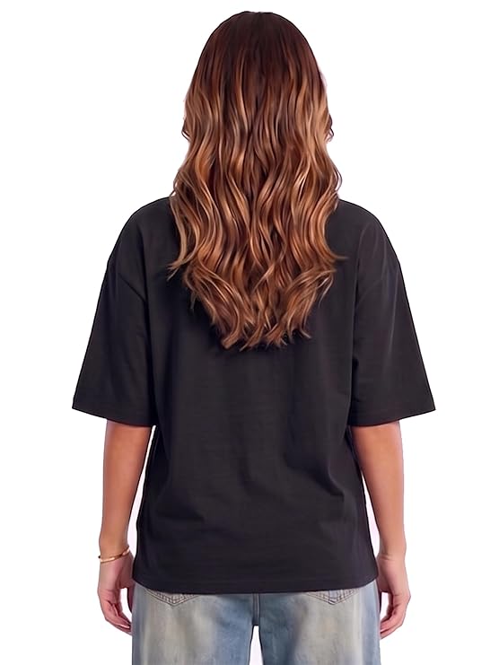 BARKEYO Womens Half Sleeve Oversized Round Neck Cottonblend T-Shirts for Woman (Boston-FT) Black 4