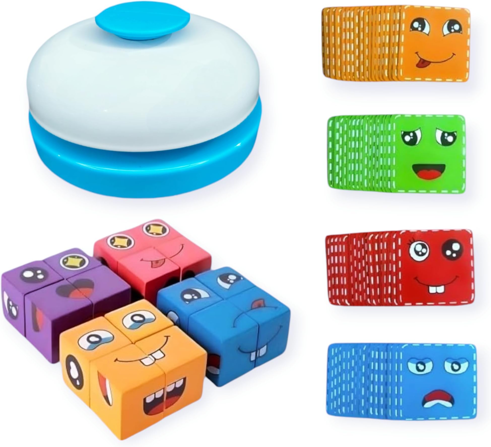 Umadiya® Face Changing Cube Building Blocks Puzzle, Wooden Expression Toy, Educational Matching Family Board Game for Kids (16 Wooden Puzzles and 72 Cards) With Bell