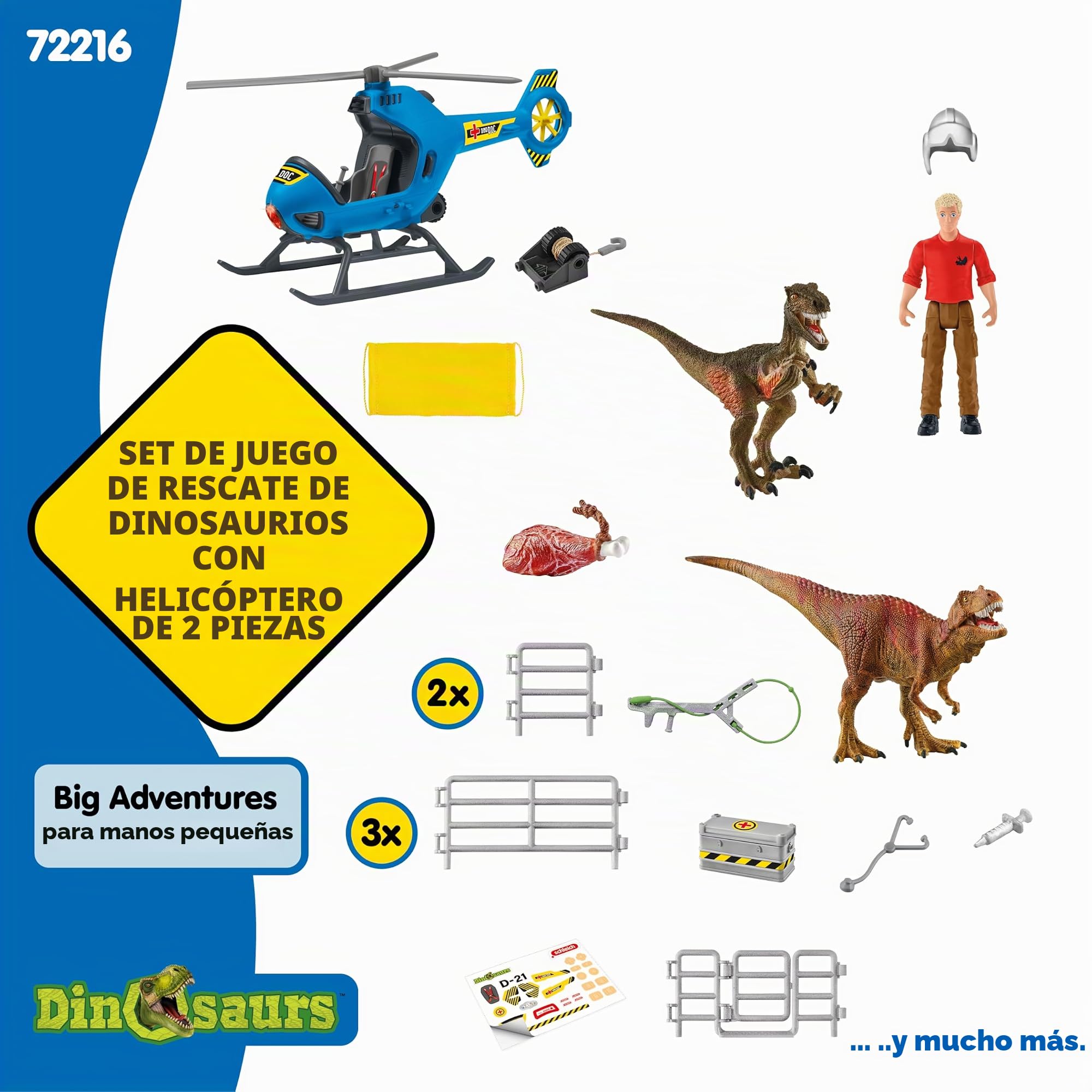 Schleich Dinosaurs | Rescate en helicóptero de Dinosaurios 72216 | Set con helicóptero, Flynn, 2 Dinos & Accesorios | Regalo para niños | Juguete a Partir de 5 años | 28 Piezas | Exclusivo en Amazon | Juego de dinosaurios con helicóptero, Flynn, 2 dinosau