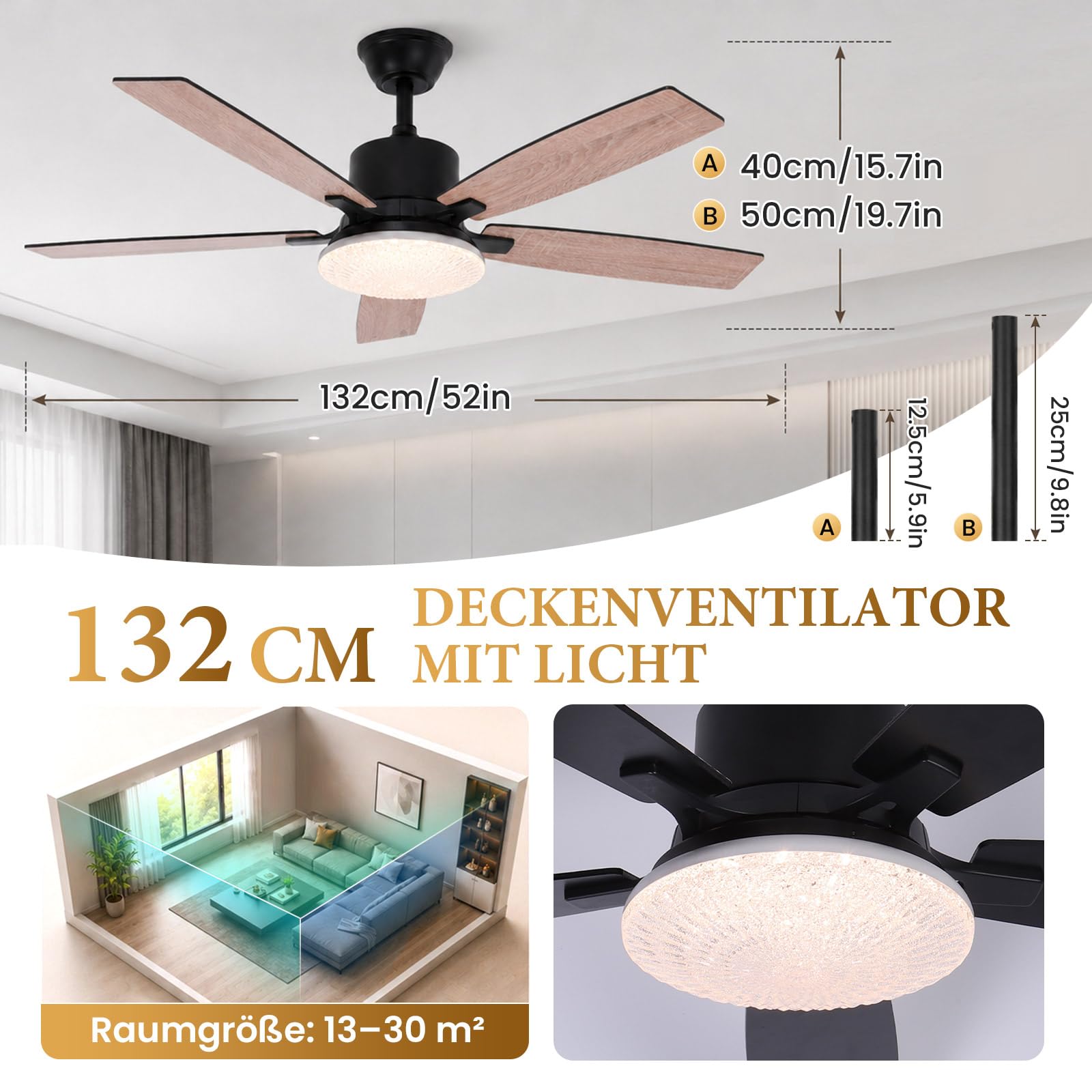 Smart Deckenventilator mit Licht Leise φ132cm Doppelseitige Flügeln & App | Ventilator mit Fernbedienung, DC Motor, Timer, Dimmbar 3000K-6500K, 6 Stufen Reversibel für Schlafzimmer Wohnzimmer