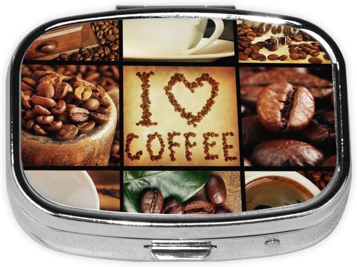 Square Mini Coffee Collage Pill Box, 2 Compartment Small Pill Box for Purse Or Pocket, Vitamin, Supplement, Pill Container.