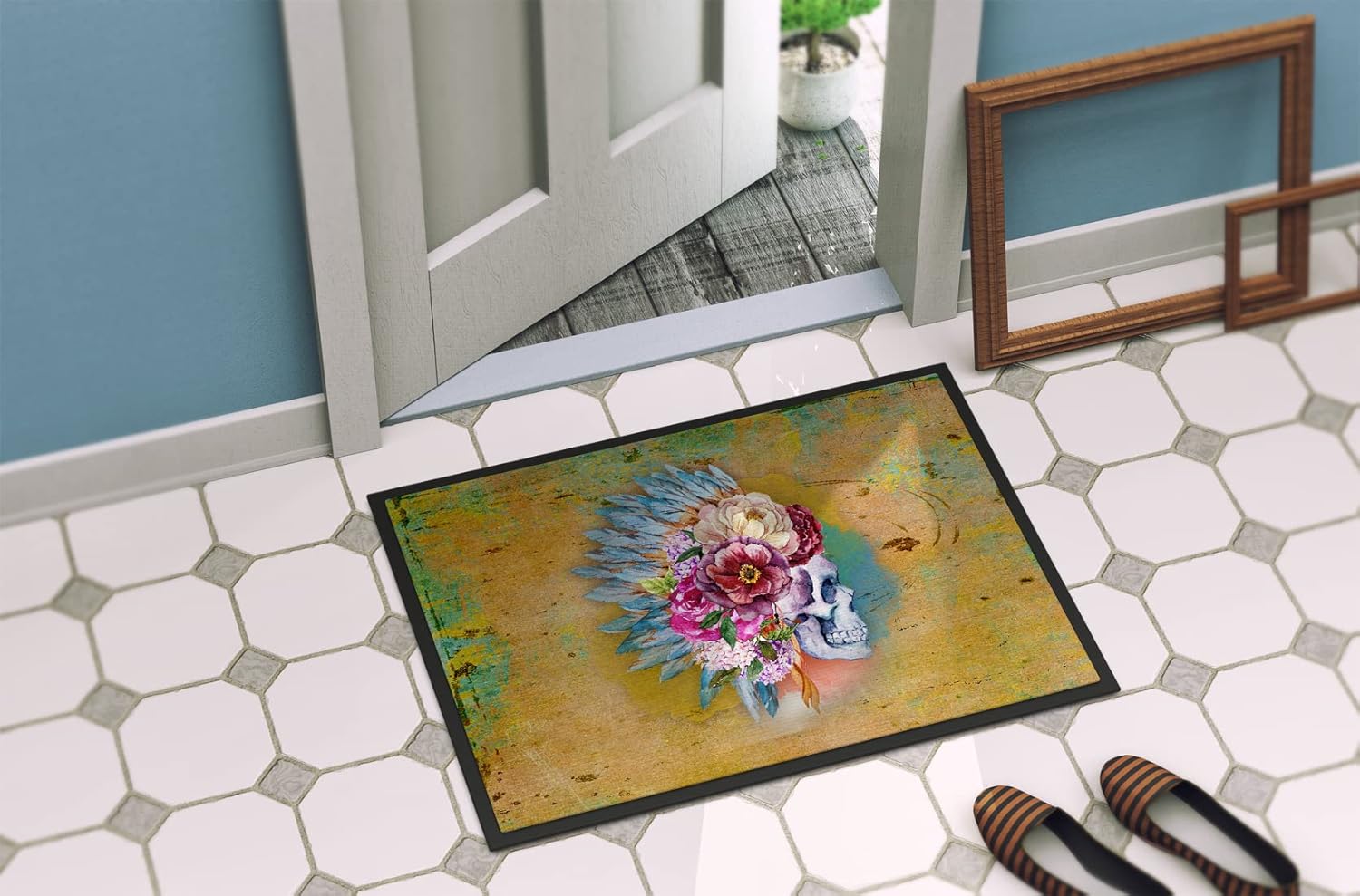 Caroline's Treasures BB5129MAT Day of The Dead Flowers Skull Doormat 18x27 Front Door Mat Indoor Outdoor Rugs for Entryway, Non Slip Washable Low Pile, 18H X 27W