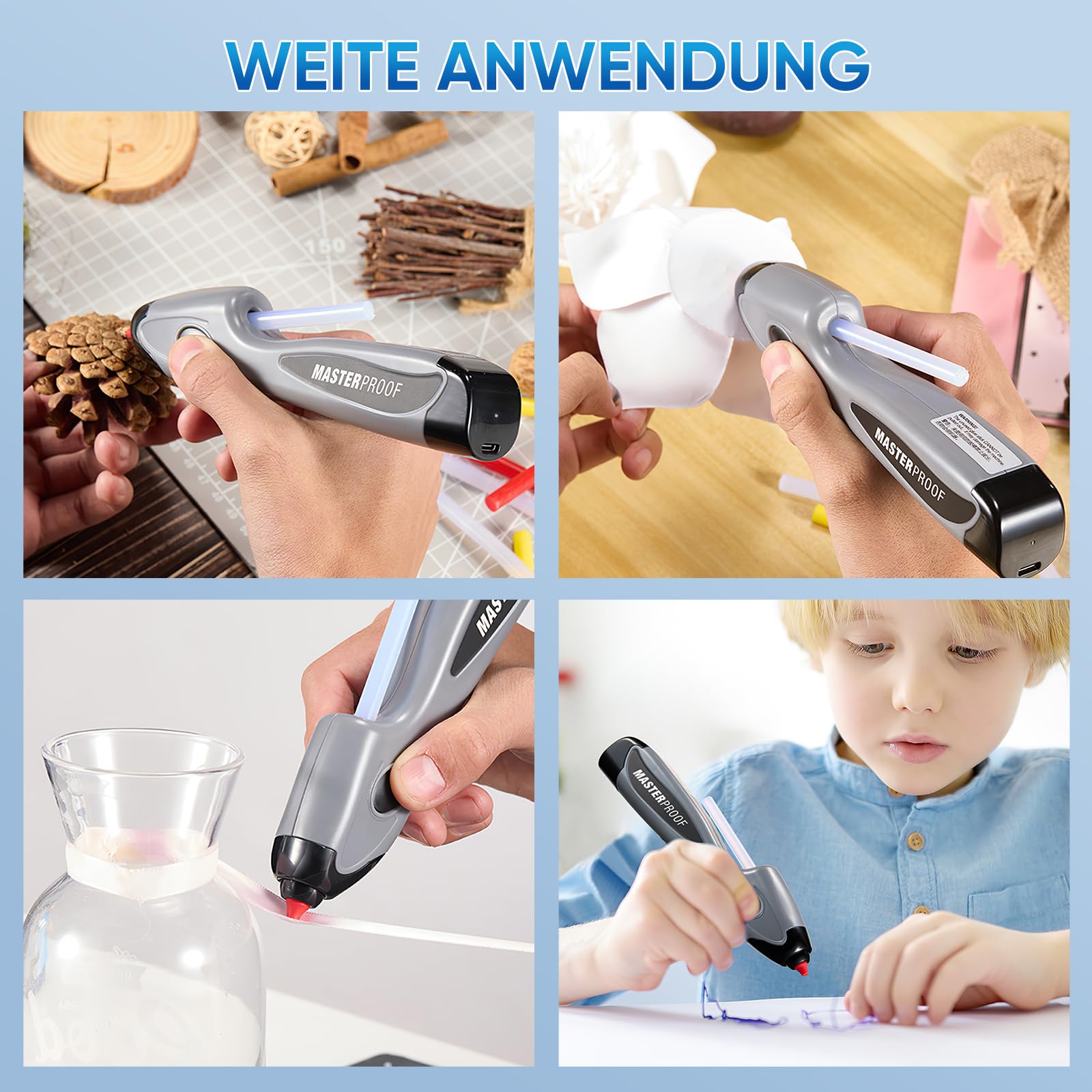 Kabellose Heißklebepistole mit Akku - 6S Schnellvorheizen & Automatischer Tropfschutz, Inkl. 6 Farbigen Bastel-Heißklebestiften (185mm) für Handwerk und Dekoration