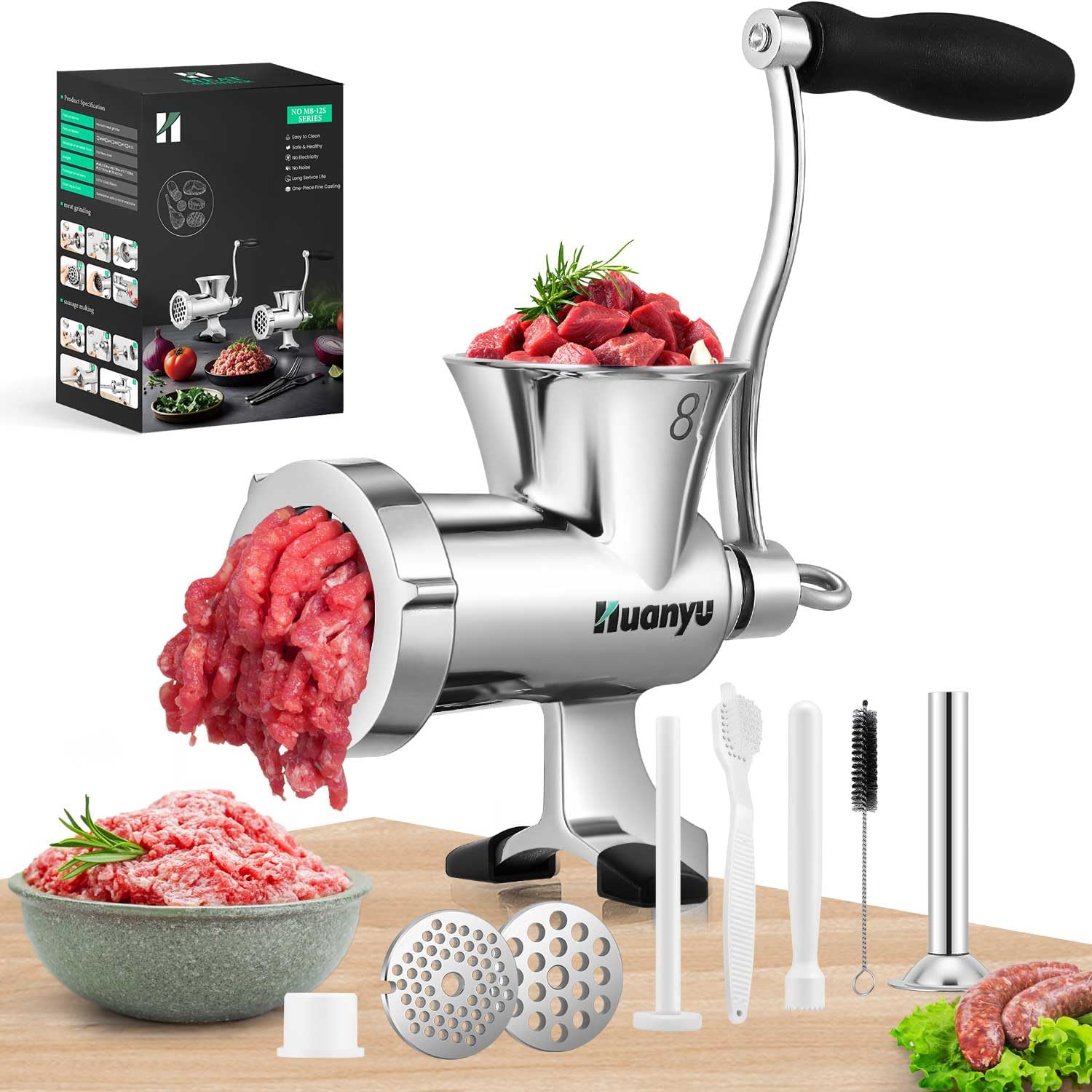 - Huanyu Meat Grinder Manual - Food Grade 304 Stainless Steel with Sausage Stuffer and 2 Grinding Plates, Table Clamp | Heavy Duty for Beef, Chicken, Pork, Chili #M8