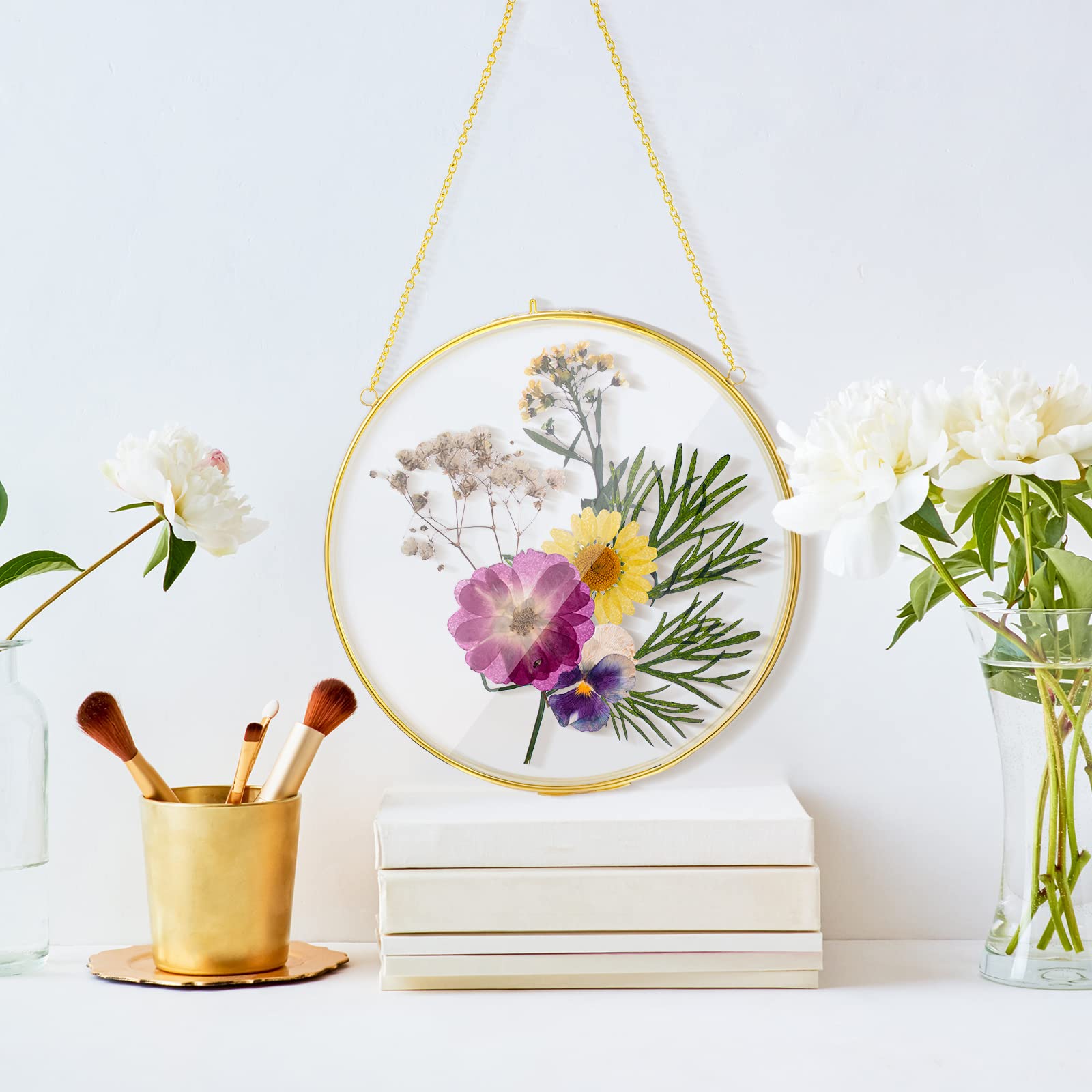 Qunclay 4 Stück Doppelglasrahmen für gepresste Blumen, rund, zum Aufhängen, Herbarium, schwimmende Blumenpresse, Rahmen, transparent, DIY, Vintage-Kunstwerk-Display-Halter