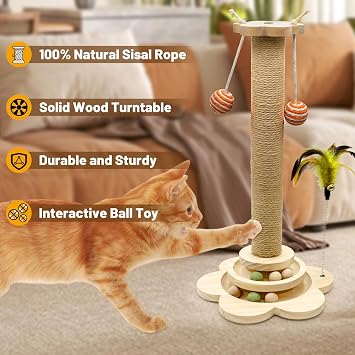 Multifunctional Cat Scratching Post with Interactive Toys, Cat Scratcher with Natural Sisal, Solid Wood Base, Anti-Tip Design for Indoor Cats, Kittens & Large Cats