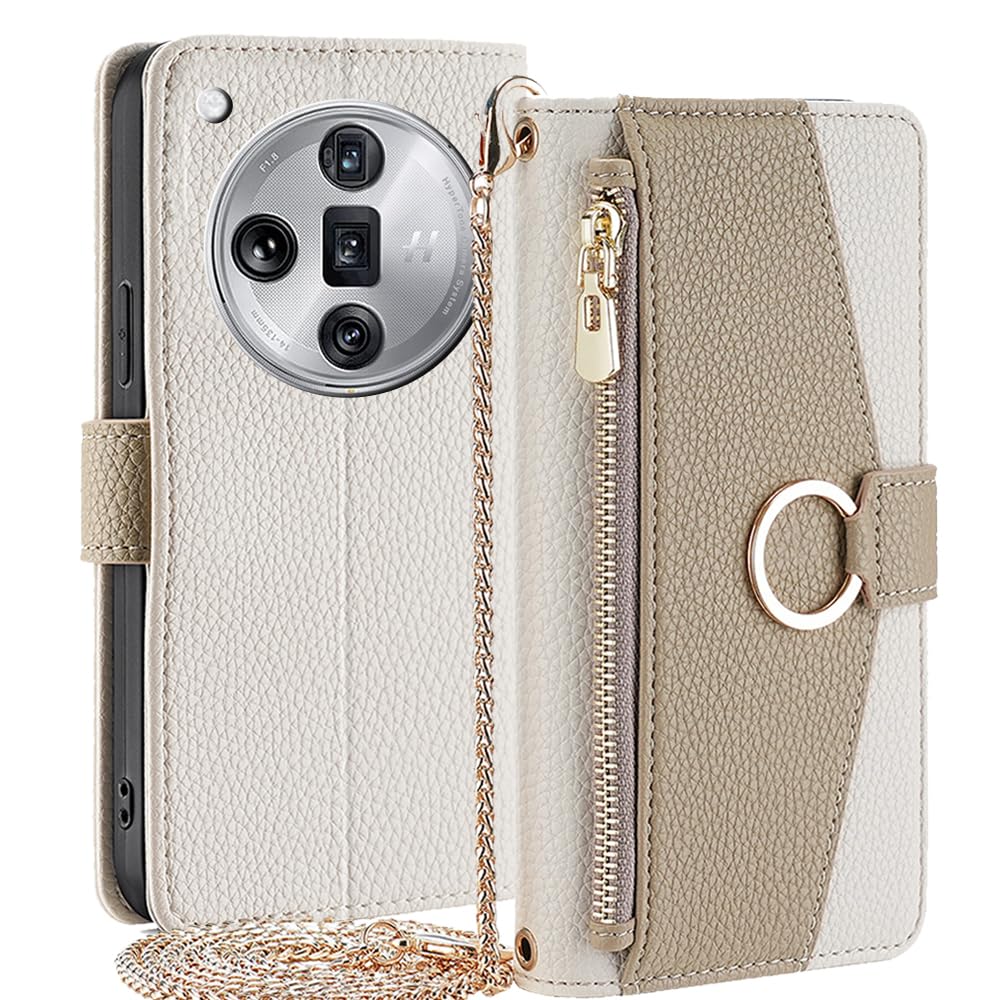 Wallet Case with Crossbody Strap Compatible for Oppo Find X7 Ultra 5G, Magnetic Handbag Zipper Pocket Cases PU Leather Flip Shockproof Cover with Kickstand for Oppo Find X7 Ultra 5G White