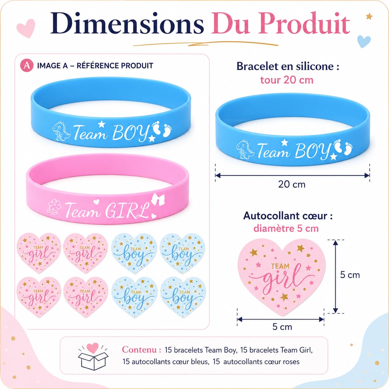 Kit de Révélation de Genre 60 Pièces avec Bracelets Silicone et Autocollants Cœur pour Annonce Grossesse